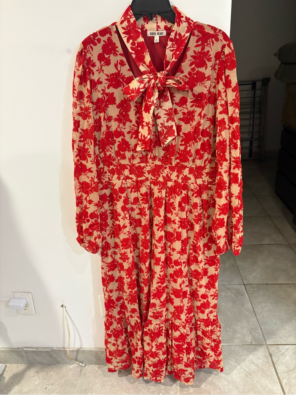 Derek Heart Cream Maxi Dress with Red Floral Print and Tie Neck